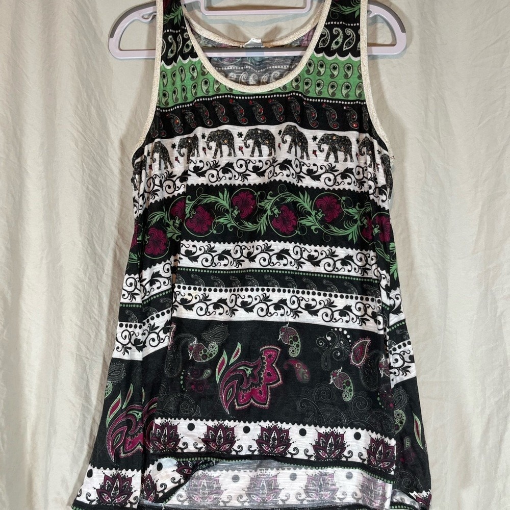 Hannah Women XL Green Pink‎ Black Elephant Paisley Floral High Low Tank Top